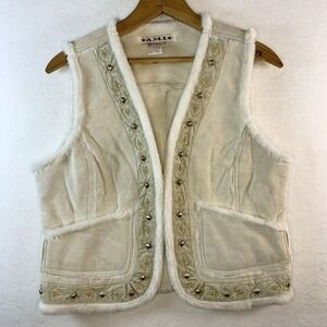 VTG Womens Suede Faux Fur Embellished Vest Medium Y2K Boho Festival Cowgirl